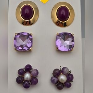 Amethyst & Gold-Tone Stud Earrings Set of 3 Pairs Purple Flower